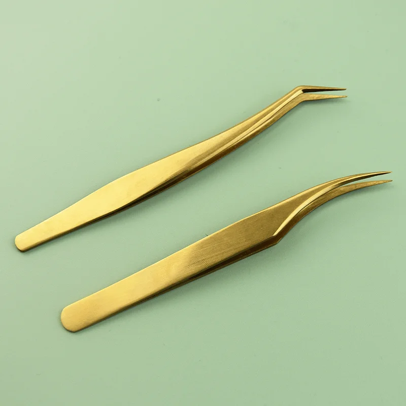 Costume de pincettes à cils de haute précision en acier inoxydable, outil de greffage de cils, ensemble de pinces à sourcils pour débutant-doré