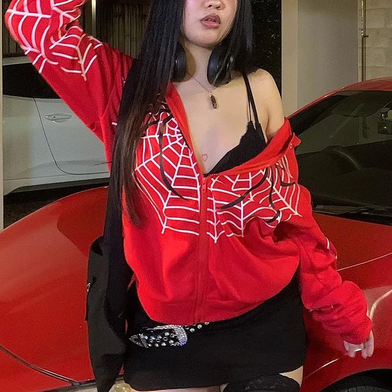 2000s Red Spider Web Print Oversized Sweatshirt Gothic Harajuku Zipper Jacket Clothes Punk Winter Woman Hoodie Couple Outfit