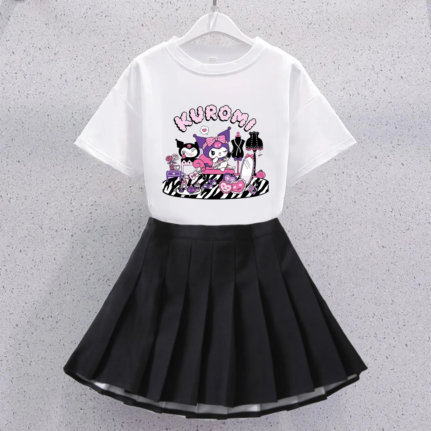 Kuromi T-shirt Pleated Skirt Set for Girls Cute Sanrio Cartoon Clothes Skirt 2pcs Suit Fashion School Spirit Clothing Kids Gift