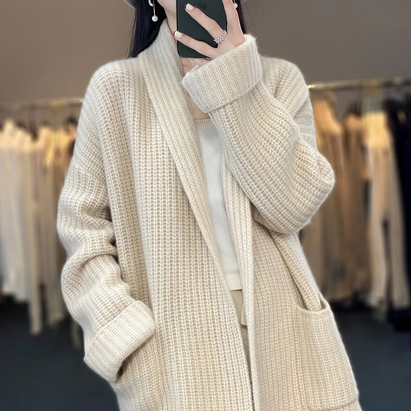 Autunno/inverno nuova moda Cashmere lungo scollo a v maglione giacca donna con tasca allentato Joker manica lunga Cardigan lavorato a maglia di lana