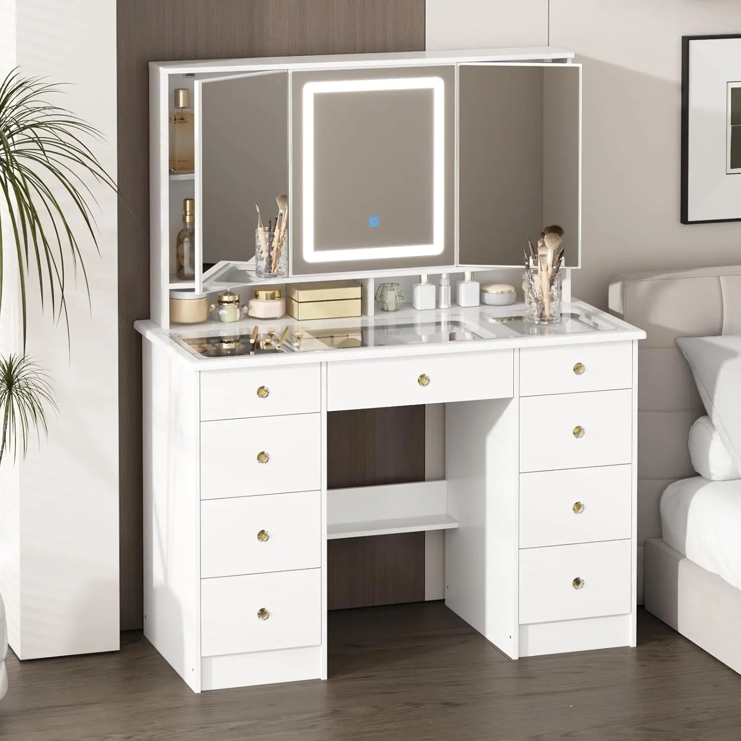 Vanity Desk with Mirror and Lights, Large Glass Top Vanity | 9 Drawers & Hidden Shelves, Modern Dressing Table, Custom