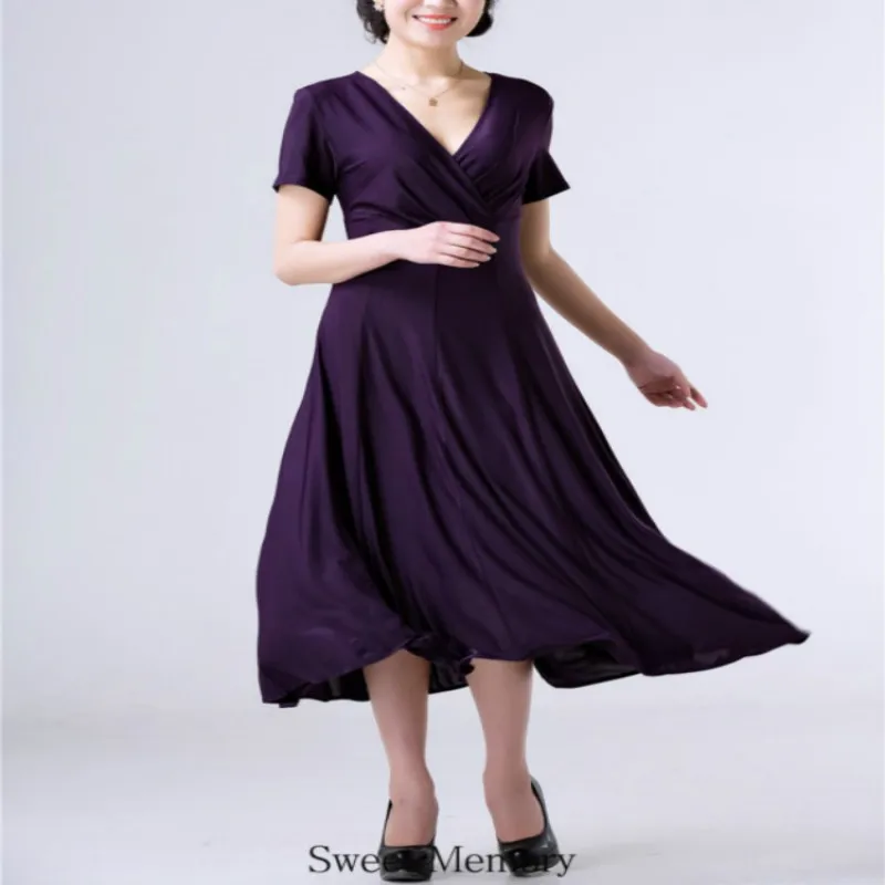 In Stock Rose Red Soft Milk Silk Cocktail Dresses Elegant Women Vintage V-neck Purple Casual Party Dress Girls Long Vestidos