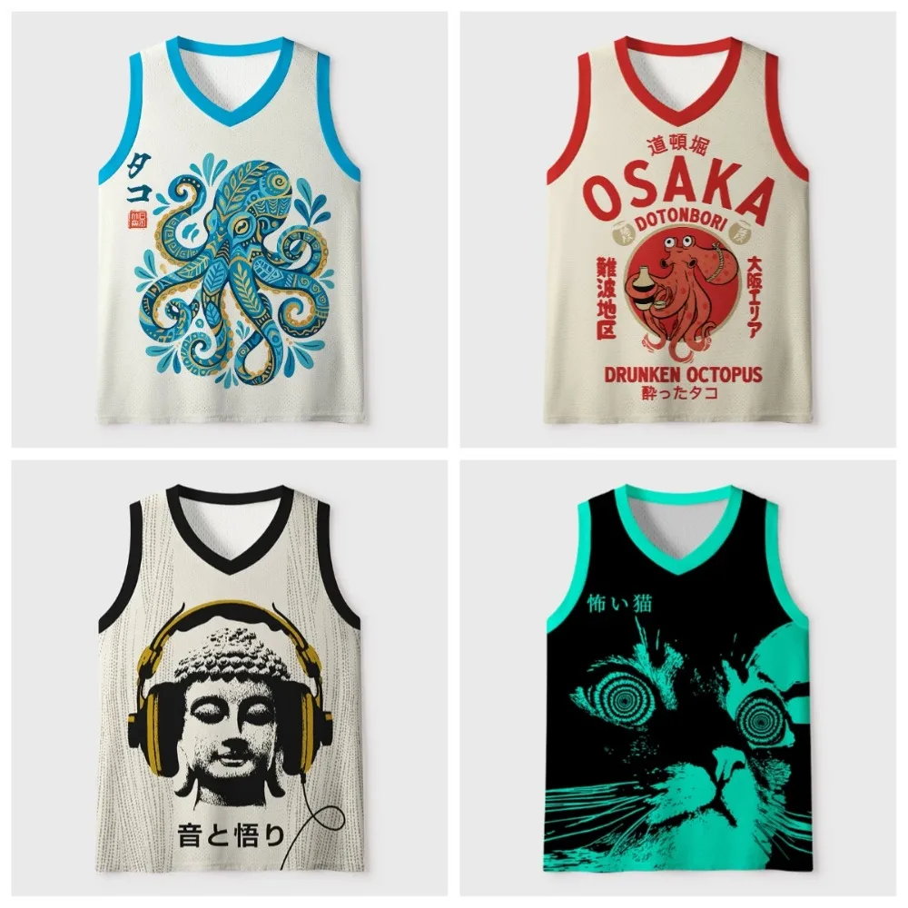 Harajuku Ethno-Stil Oktopus-Muster 3D-Druck Herren V-Ausschnitt Weste Modische Atmungsaktive und Schnell Trocknende Outdoor-Sportbekleidung – Detail 2