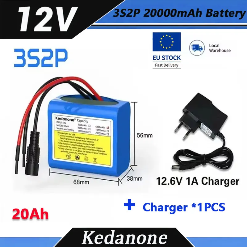 Batteria ricaricabile agli ioni di litio 18650 ad alta capacità, modello 3S2P, 12V, 20000mAh, dotata di scheda di protezione BMS e caricabatterie 12V.