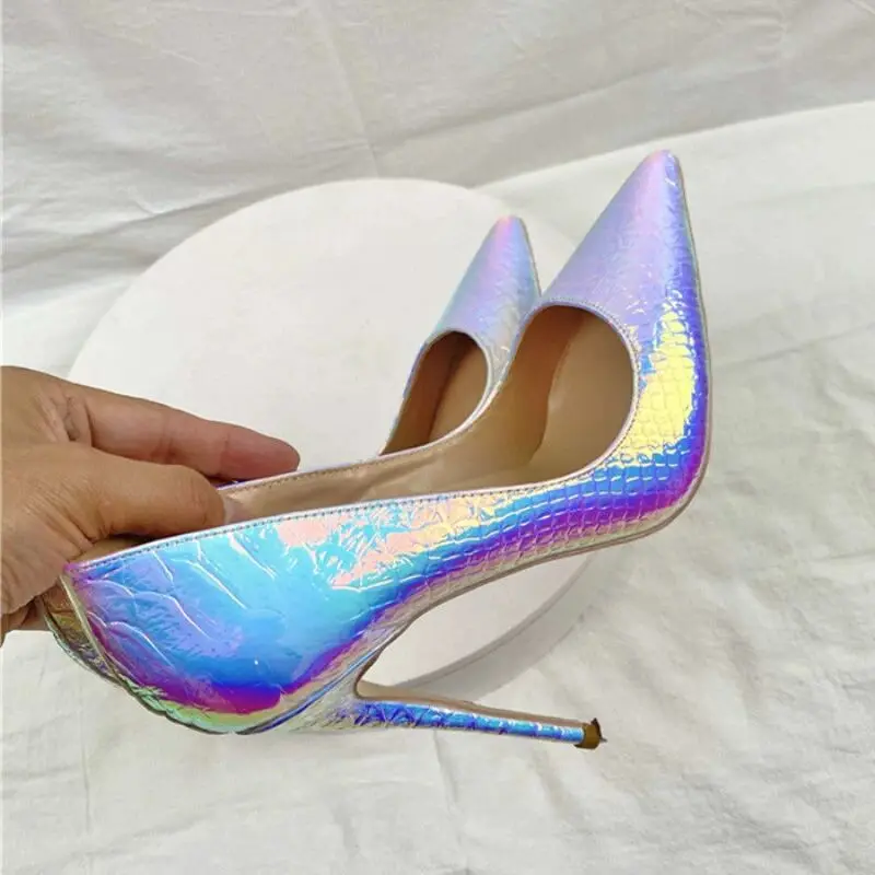 2023 Summer New Network Red Laser Snake Pattern Pointed High Heels for Women 12cm Thin Heel Sexy French Large Single Shoe