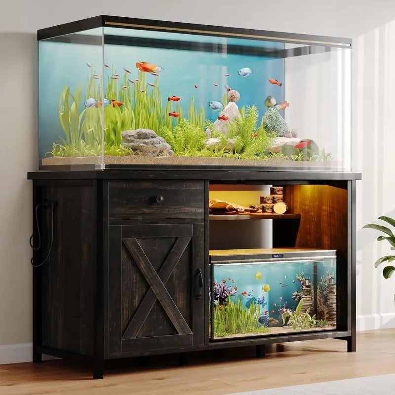 55-75 Gallon Aquarium Stand with Power Outlets & LED Light, Metal Frame Fish Tank Stand with Drawer & Barn Door, Turtle Reptile