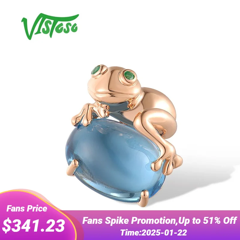 VISTOSO Authentic 14K 585 Rose Gold Pendant For Women Cute Frog Magic Blue Topaz Emerald Elegant Gifts Fine Jewelry