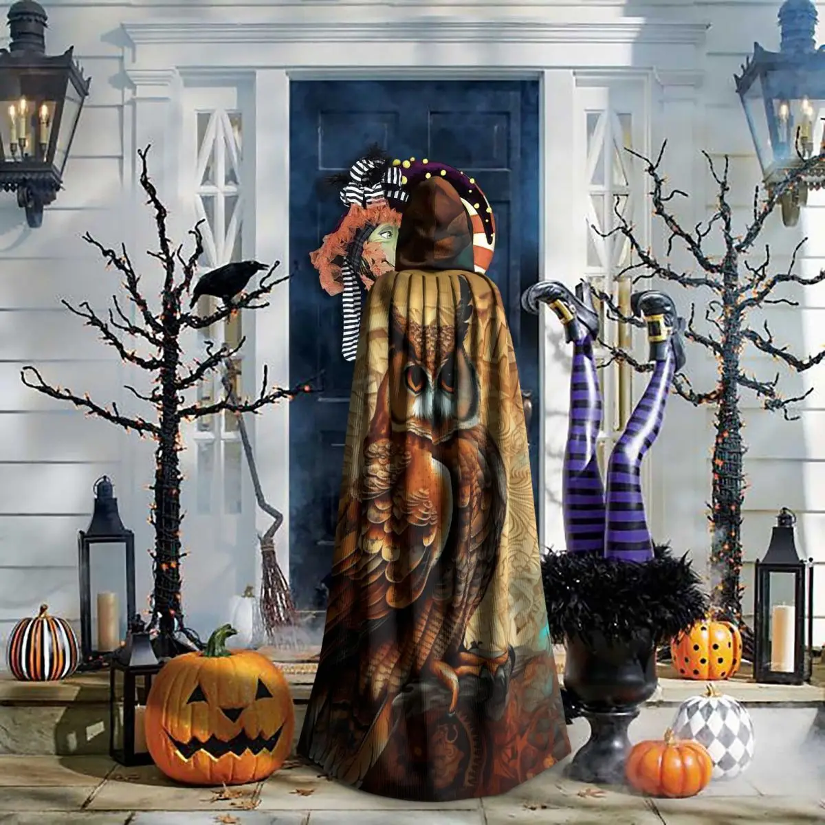 올빼미 신념 프린트 롱 후드 망토 마녀 중세 의상 코스프레 케이프 할로윈 코트 성인 유니섹스