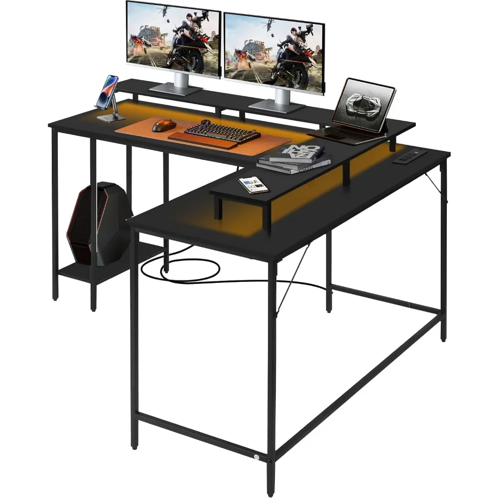 Premium L Shaped Computer Desk with LED Lights and Power Outlet, Reversible Corner Office Desk with Monitor Stand, L Shaped Gami