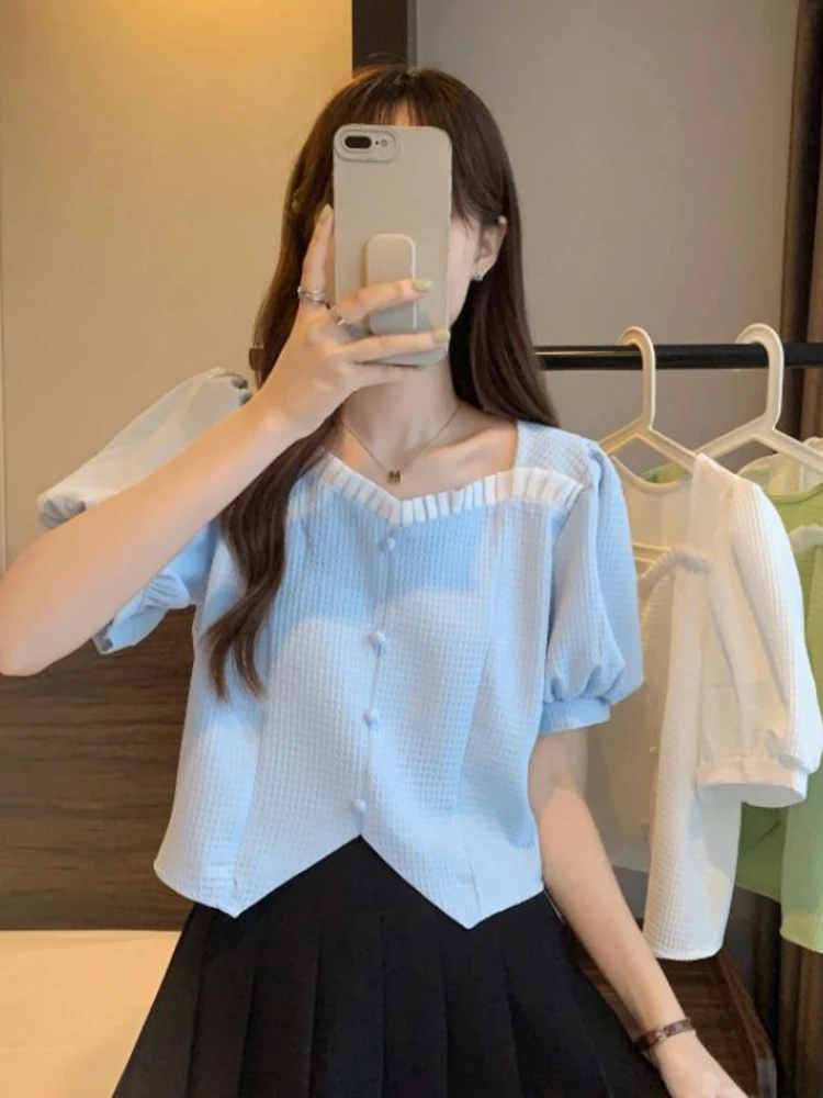 

2025 Design Wooden Ear Splice Square Collar Bubble Sve Women's irt Summer New Sle Ele Top Korean Loose Fit