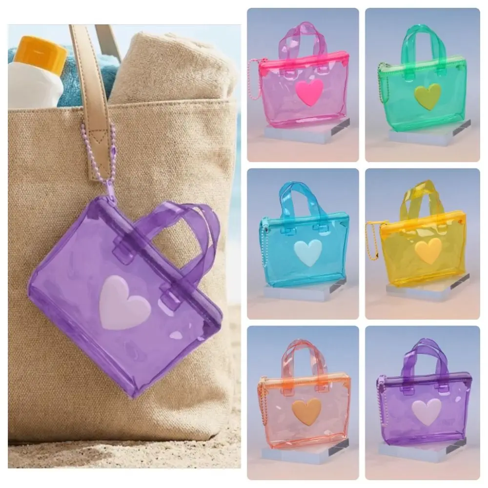 Portable transparent Mini Storage Bag Waterproof Heart-Shaped Coin Purse Solid Color Handheld Keychain Travel