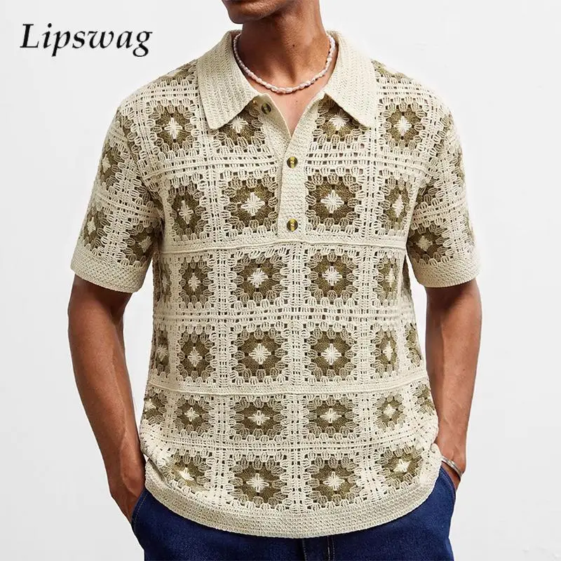 

Vintage Mens Button-up Lapel Knit Shirts 2026 Summer Casual Breathable Hollow Out Cardigan Tops Men Stylish Short Sleeve Shirt