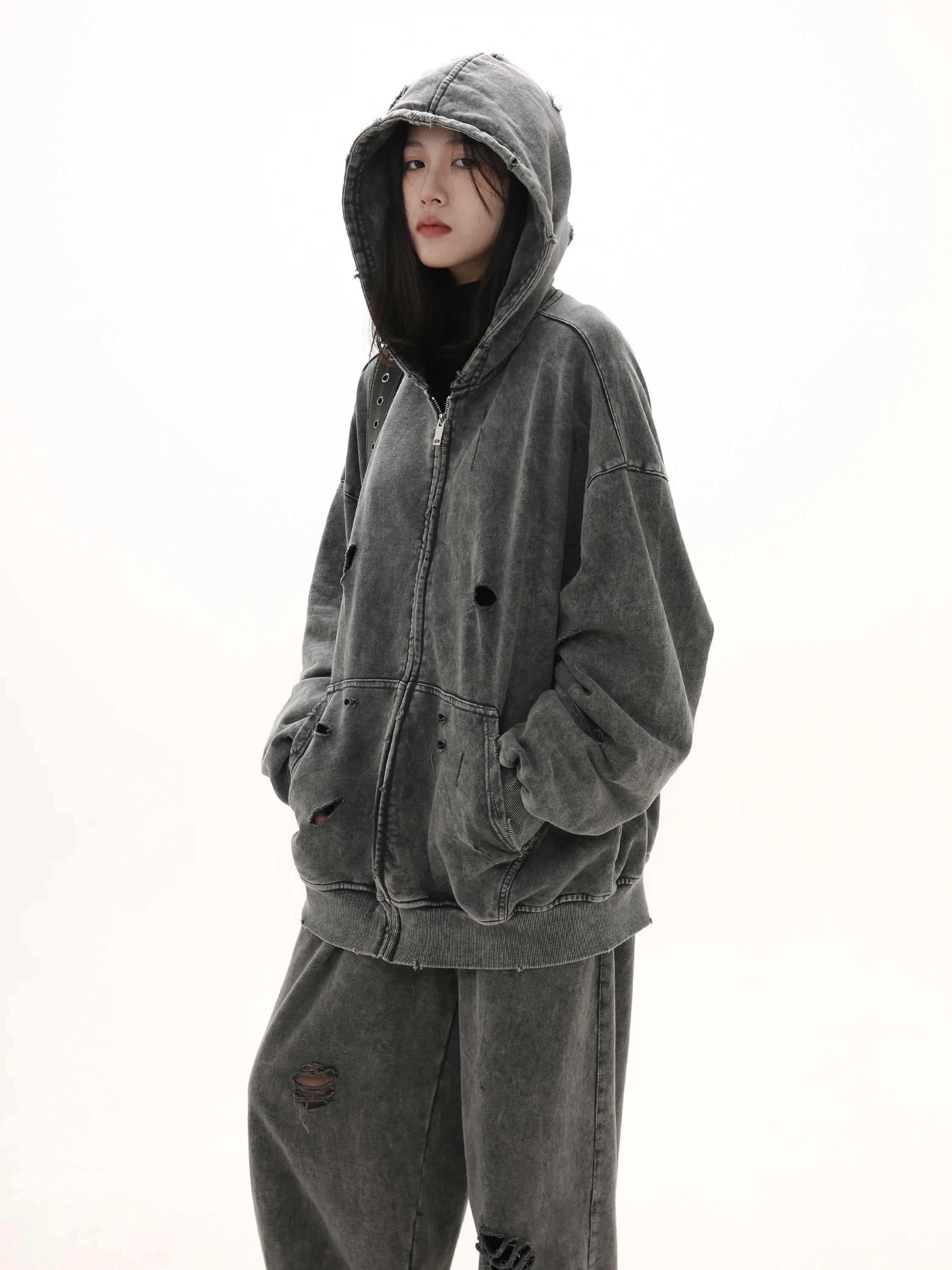 Autumn Winter Ripped Hole Punk Vintage Zip Up Hoodies Man Woman High Street Washed Distressed Sweatshirt Sudaderas