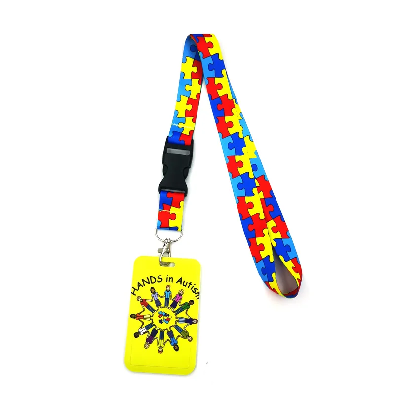 Autism pattern Yellow Neck Keychain Necklace Webbings Ribbons Anime Cartoon Neck Strap Lanyard ID badge Holder Keychain Lanyards