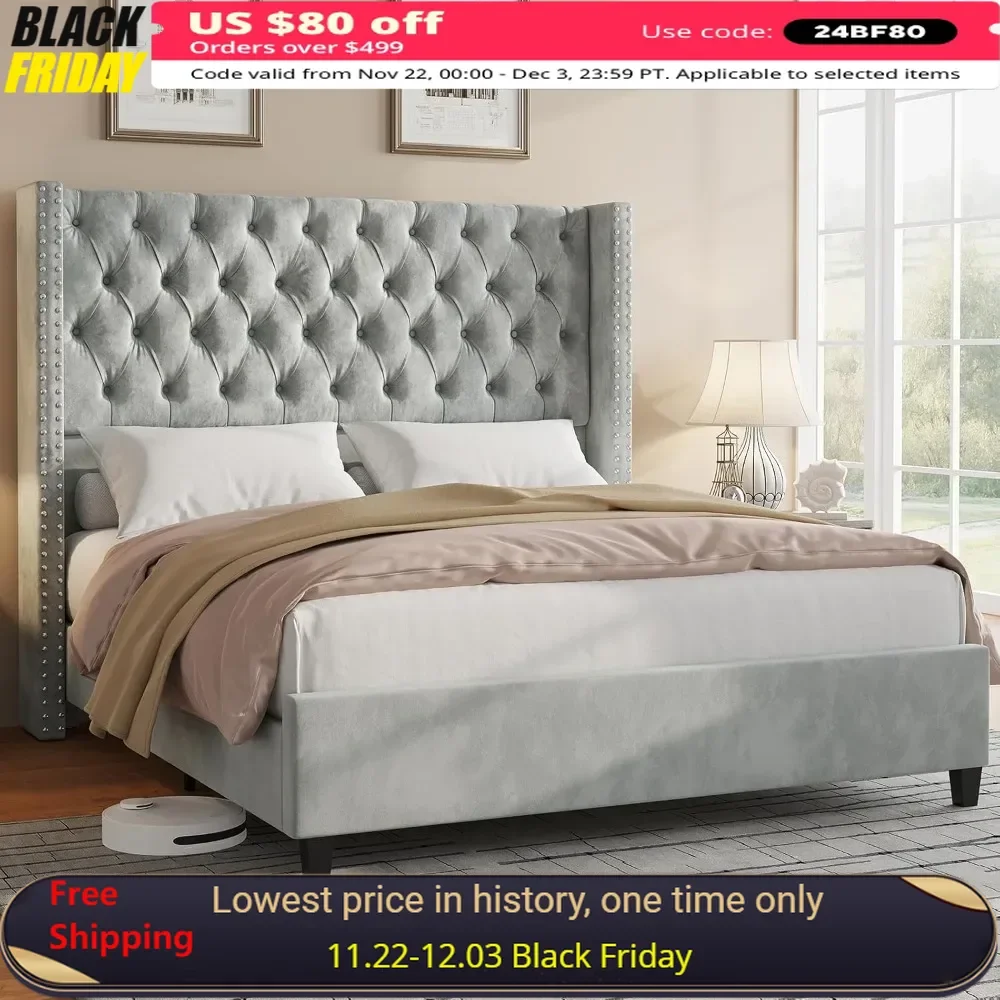 Queen Bed Frame, Velvet Upholstered Platform Bed with 51.6