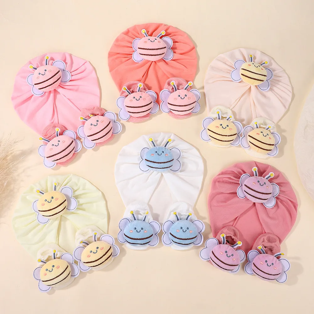 

3 шт./компл. детские шапочки, однотонные тюрбаны с животными для новорожденных, мягкая хлопковая эластичная шапка для маленьких девочек, противоскользящие носки