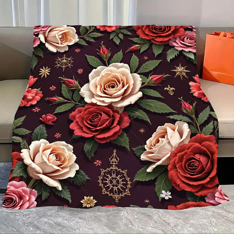 

1pc Flannel Blanket Elegant Rose Floral Blanket with Gold Accents for Cozy Home Decor