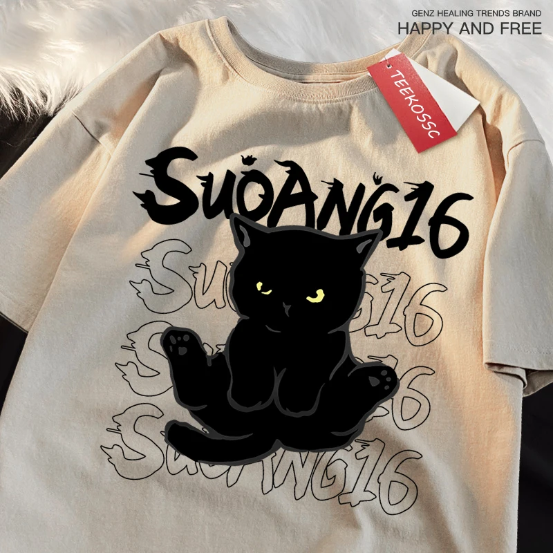 Spaß schwarze Katze drucken japanischen Stil Männer Frauen T-Shirt Mode Kleidung Baumwolle Tops Mode Sommer T-Shirt Kleidung übergroße T-Shirt