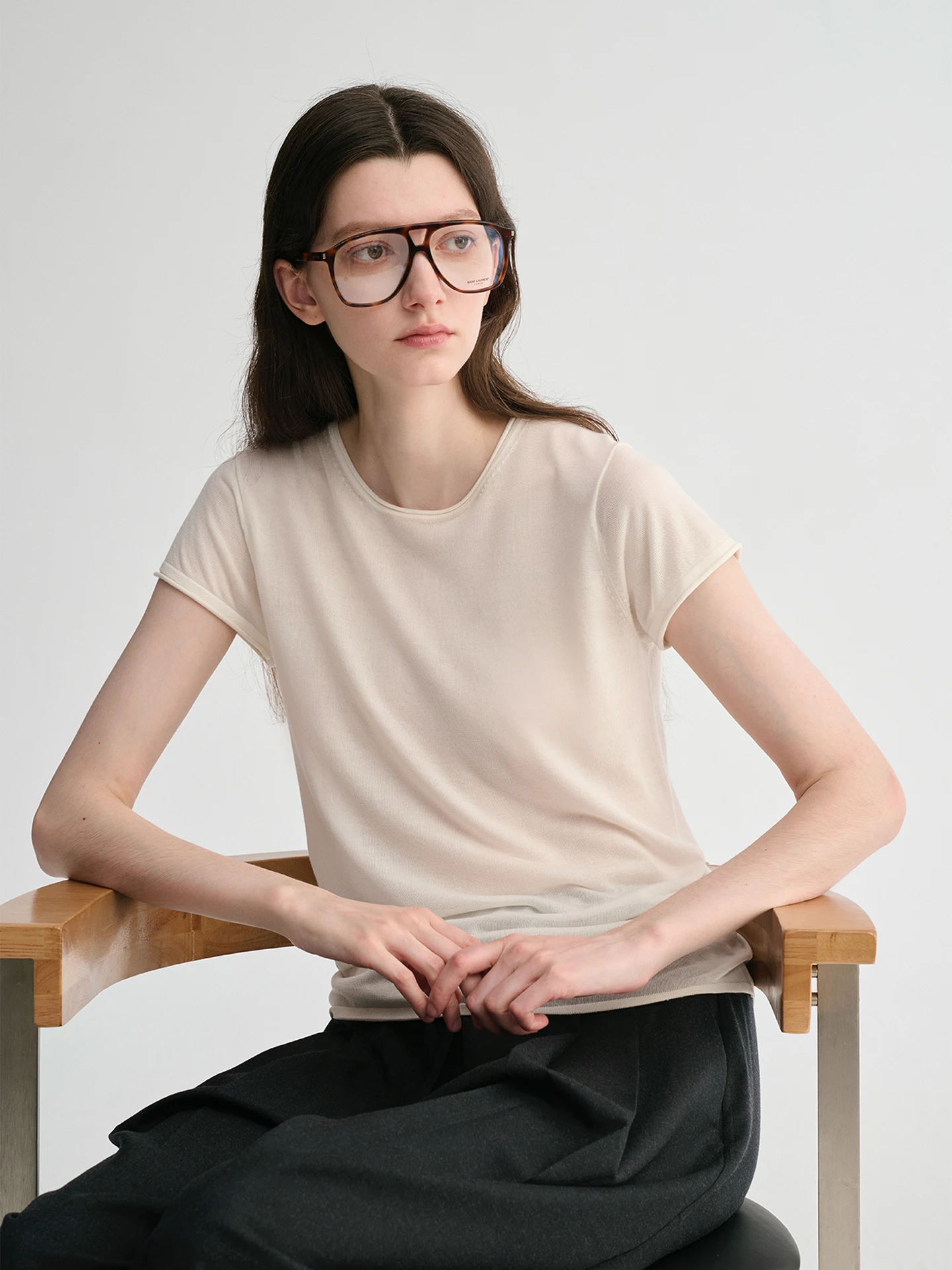 

Ele Simple Pure Color Knitted ort Sve round Ne Roll Silk Two Tone Maison Cecile Women's T-irt Casual Sle