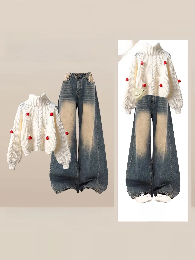 

Вязаный свитер больших размеров High Ne Lazy Sle, женские зимние новые американские винтажные джинсы, комплект из двух предметов, свободная повседневная одежда