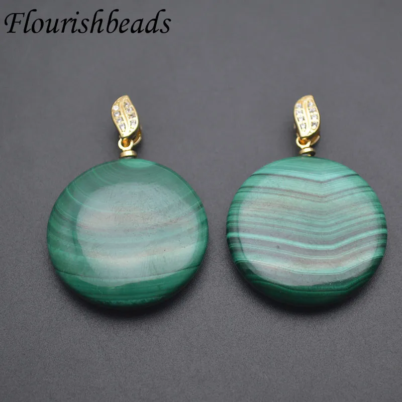 

Natural Malachite Round Flat Pendant with Paved CZ Clip Clasp for Women DIY Necklace Jewelry Making