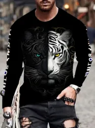 Black and white tiger print men's T-shirt fashion long-sleeved T-shirt casual round neck street top loose pullover autumn