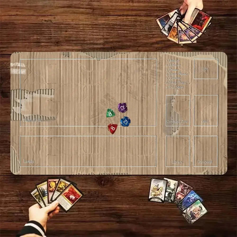 Vintage Worn Cardboard Zoned Playmat Rubber Non‑Slip TCG Card Game Mat With Game Phase Zones Desk Mouse Pad