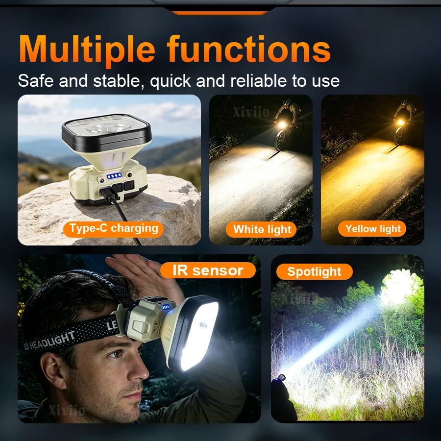 IR Sensor Powered-on Super Bright Headlamp Rechargeable Long Range 2000M Searchlight 49000000LM Powerful Emergency Led Headlight