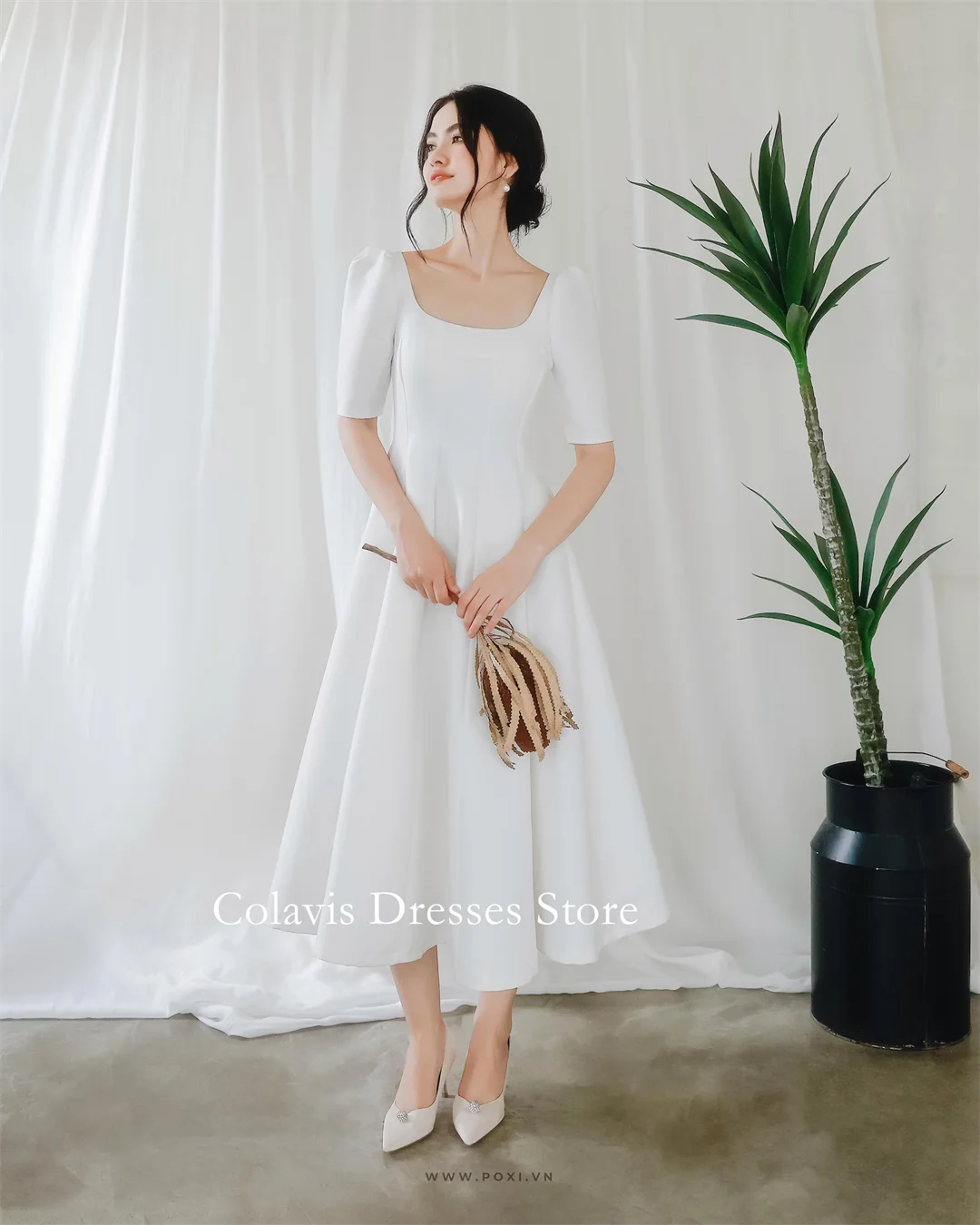 

Fanan элегантное свадебное платье с квадратным вырезом и половиной рукавов, элегантное свадебное платье из крепа чайной длины, Vestidos De Novia