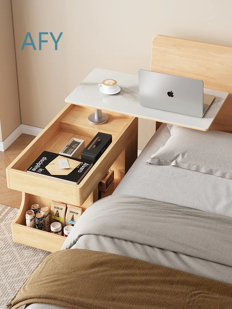 Solid Wood Mobile Coffee Table for Small Living Room Sofa Side Table with Adjustable Height Snack Cart Bus Side Cabinet