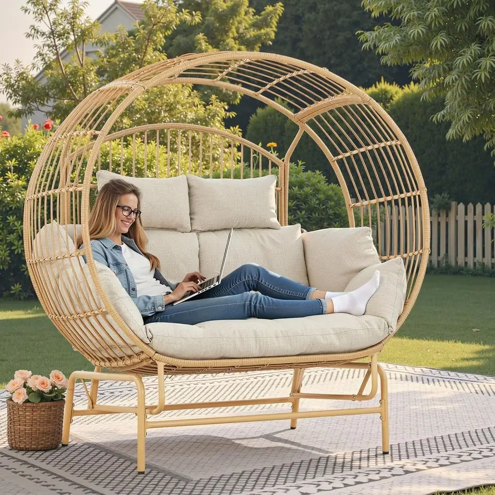 

Extra Large 2-Person Wicker Glider Chair with Cushions for Outdoor Patio and Garden in Yellow