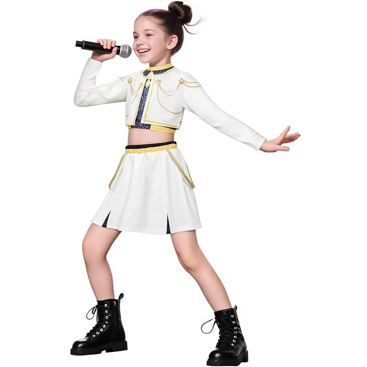 Kpop caçadores de demônios huntrix cosplay traje rumi mira zoey menina roupas branco conjunto de três peças roupas de desempenho de palco de halloween