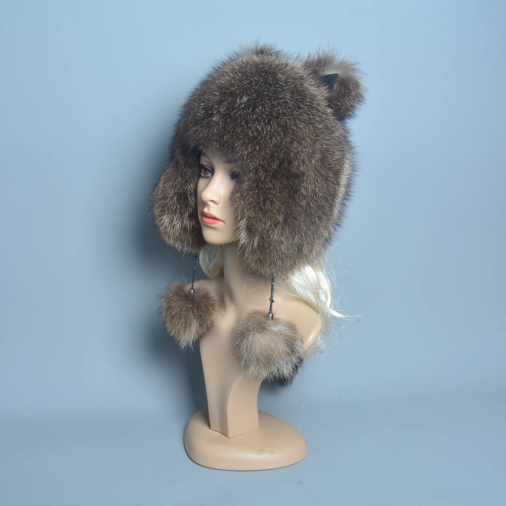 Women Natural Raccoon Fur Caps Ushanka Hats for Winter Thick Warm Ears Fashion Bomber Pom Pom Hat Lady Real Raccoon Fur Cap Tail