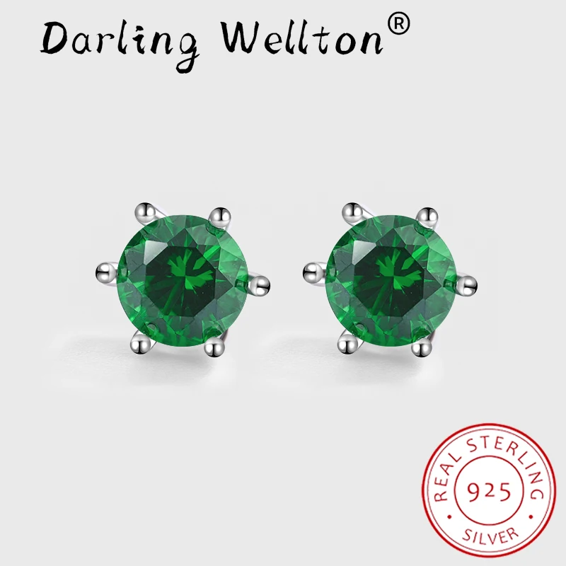 NEW Trend Emerald Four Claw Round Stud Earring For Women Green Geometric Original Sterling Silver Engagement Bridal Gift Jewelry