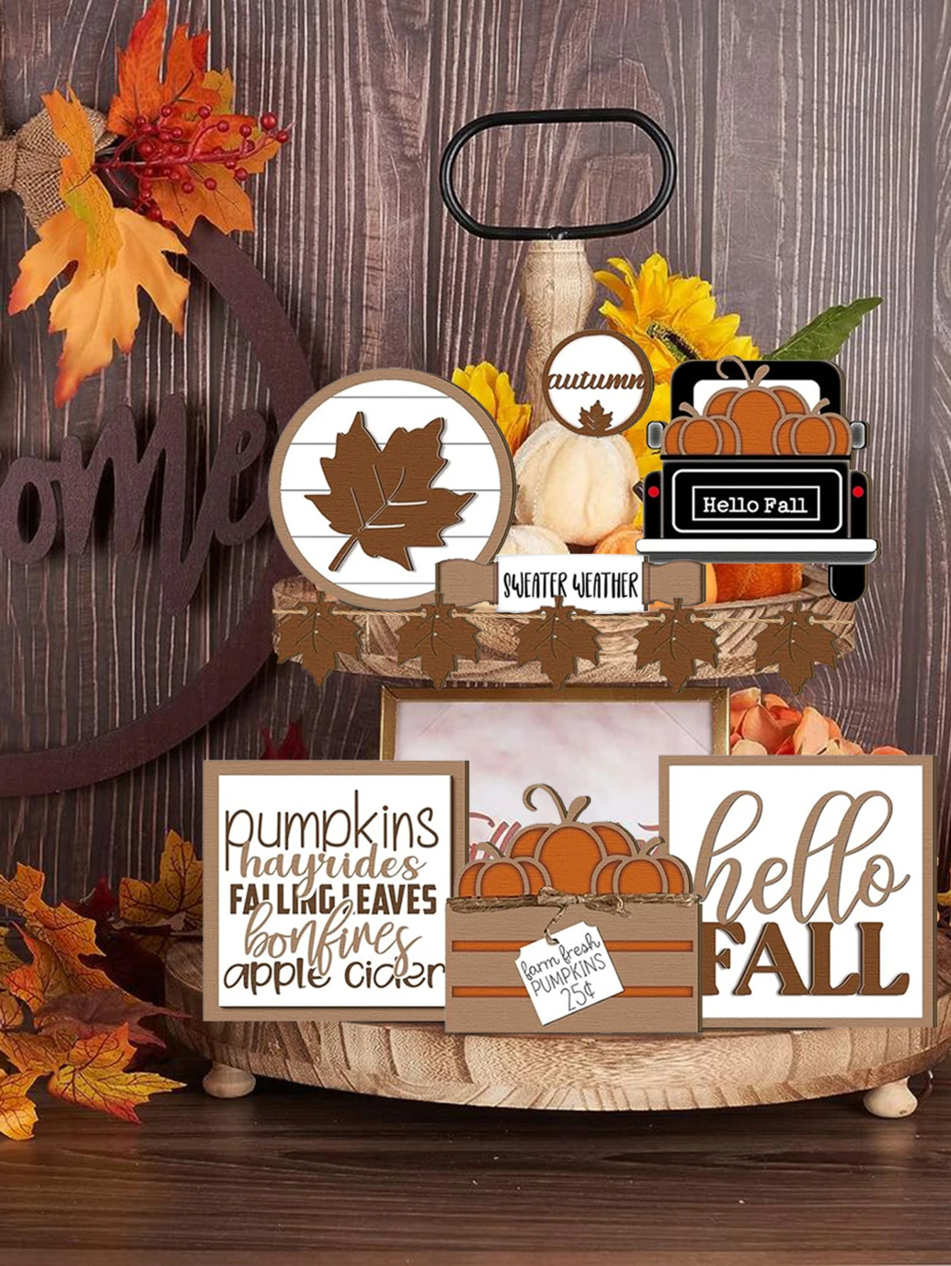 2D Retro Autumn Layered Tray Decor Set - Rustic Farmhouse Hello Fall Pumpkin Truck Maple Leaf Wooden Crafts , Fall Home Decor