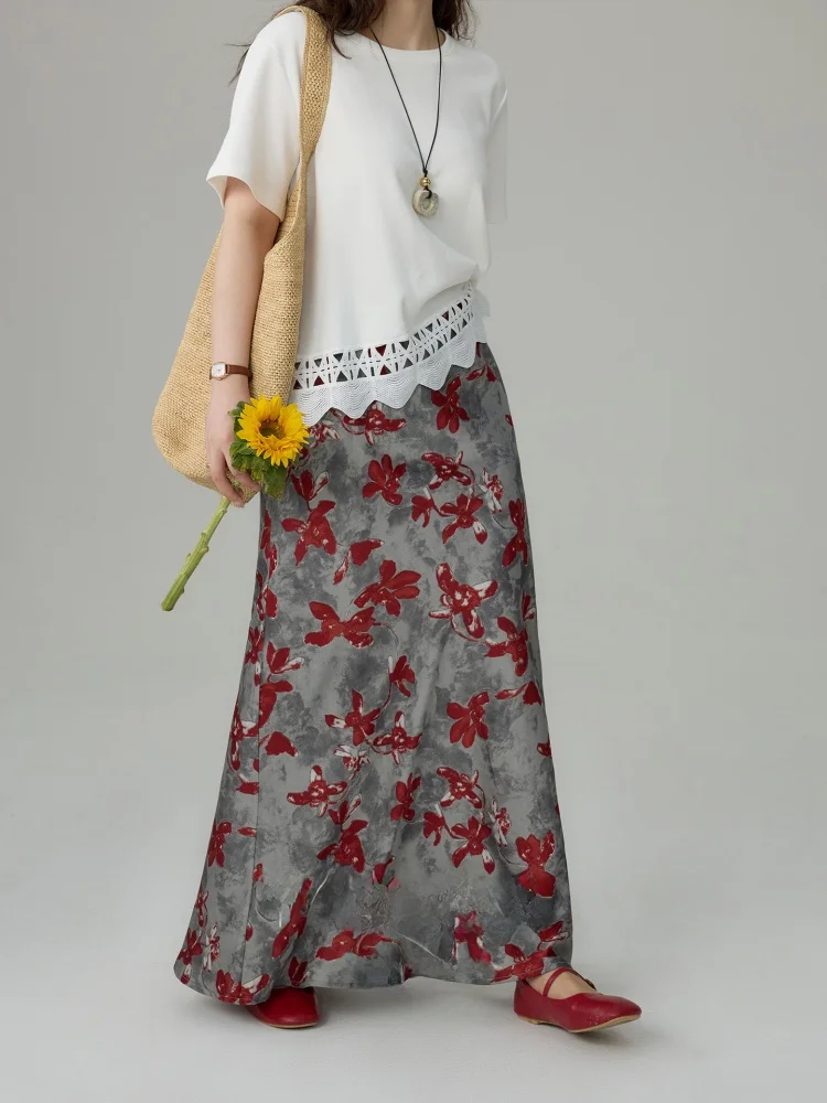 

plus Size Women's Vintage Floral Satin A-Line Midi Skirt Slimming Hip Covering Korean Style Casual High Waist Long Skirt