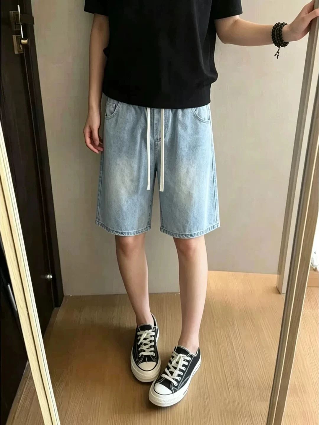 Light Blue  Cooling Denim Shorts Men's Summer Outdoor Wear Straight Loose Five-Point Pants Elastic Waist Vintage Style