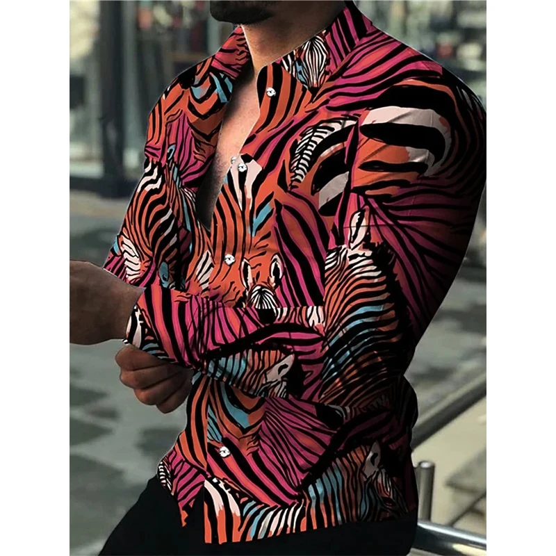 Vintage Social Long Sleeved Shirts For Men Oversized Casual Shirt Tiger Print Button Tops Men\'s Clothing Outdoor Party Clothing