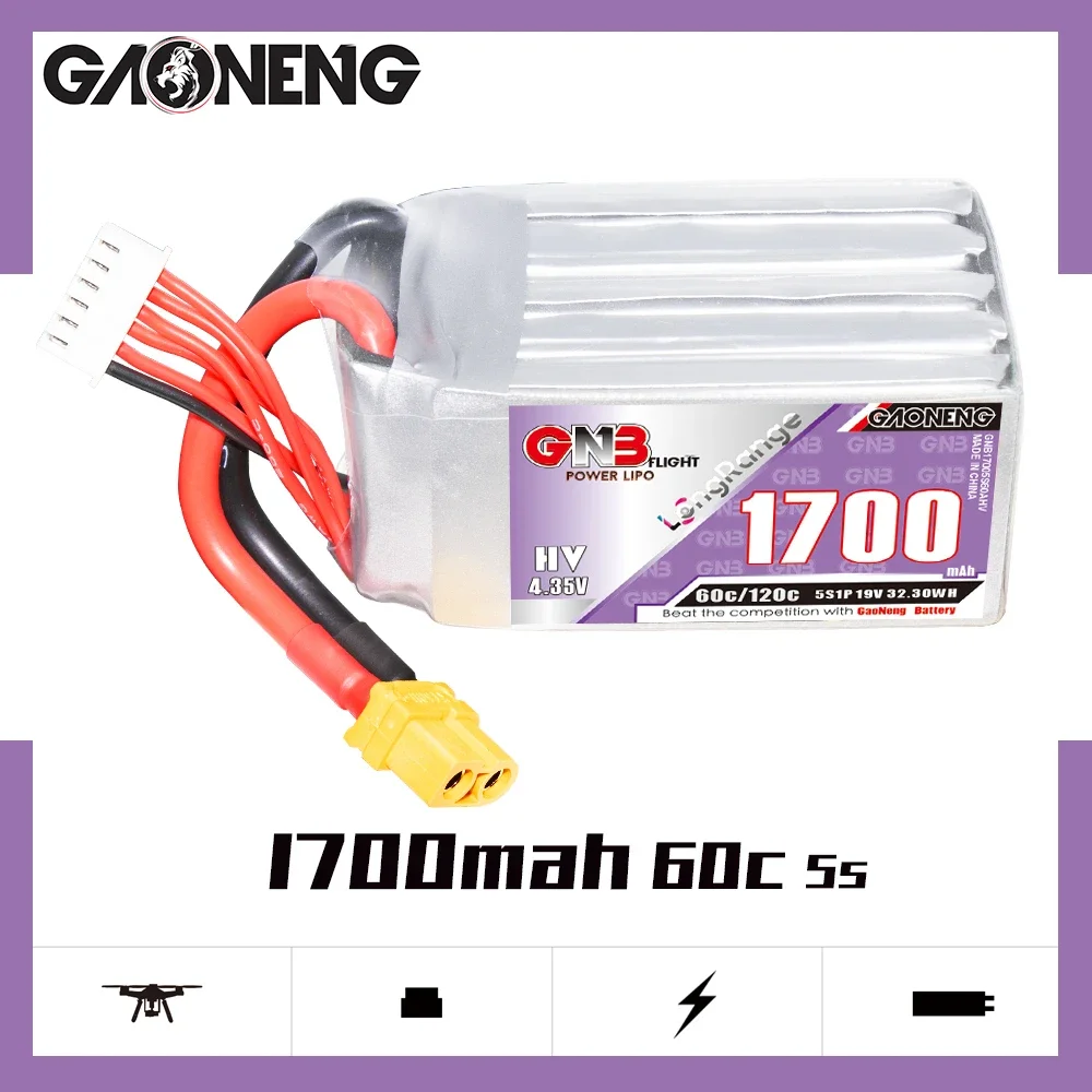 

GAONENG GNB 1700mAh HV 5S 60C 120C 19V XT60 LiPo Battery Long Range 5 to 6 inch Drone Chimera5 Evoque F5D/F5X Racing Pilot FPV