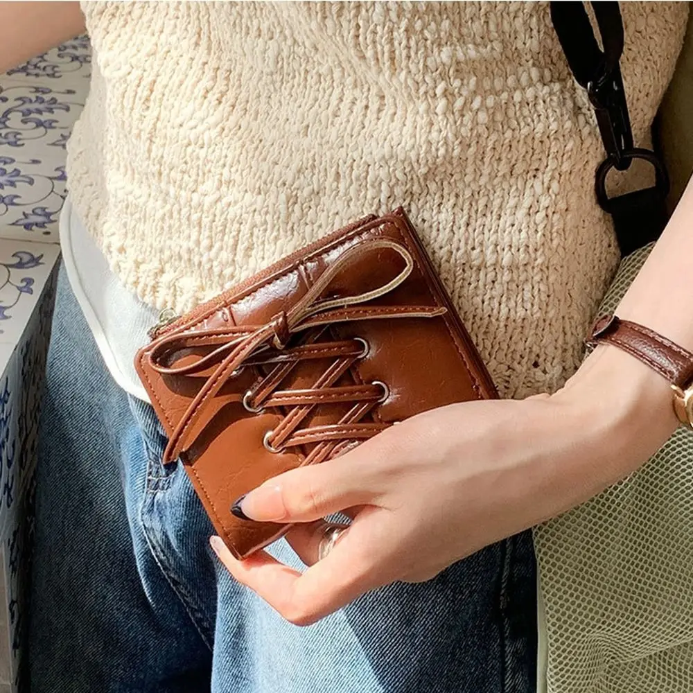 

Retro Korean Style Bow Wallet Ultra Thin Purse Coin Pouch Zipper Short Clutch PU Leather Card Holder Travel