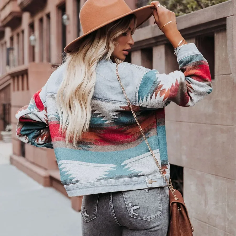 

2024 Europe and The United States Long Sleeve Lapel Loose Denim Patchwork Sweater Coat Retro Jacket for Women