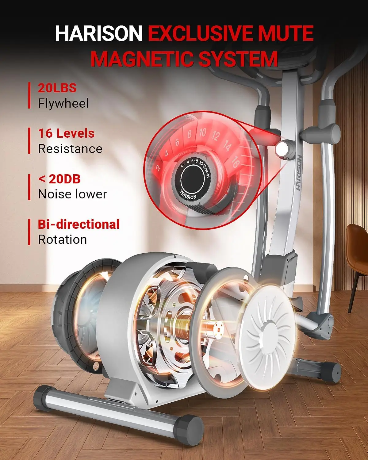 HARISON Elliptical Machine for Home 350 LBS Capacity, Magnetic Elliptical Exercise Machine with 16-Level Resistance Control, Ell