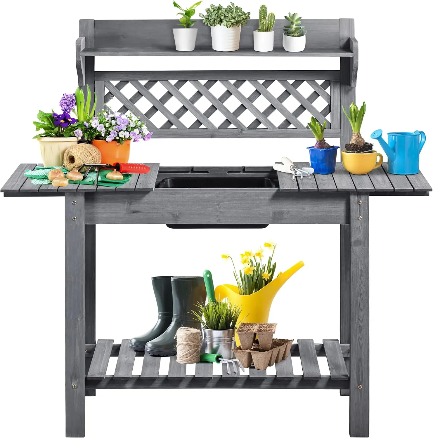 

Potting Bench Table Outdoor Garden Potting Table Wooden Workstation w/Sliding Tabletop Removable Sink w/Storage Shelf Flower
