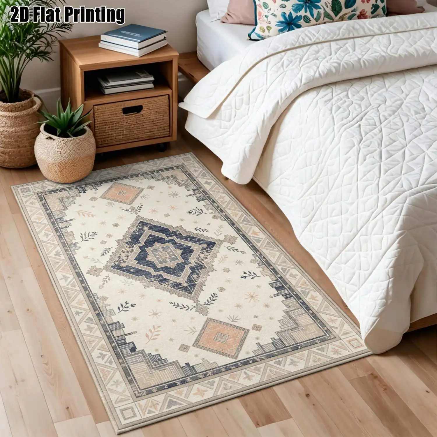 1Pc 2D Printed Carpet: Blue-Orange Geometric Patterns, Vintage Bohemian European Style, Machine Washable, Multi-Size, Ideal for Home Decor & Doormats, Rugs for Dining, Bedroom, Living Room