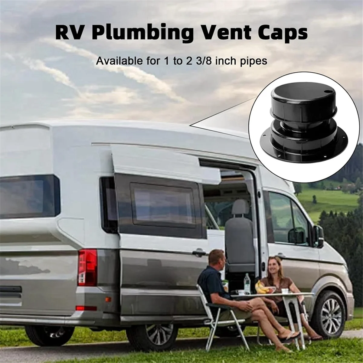 Black RV Plumbing Vent Caps Kit 2Pcs Trailer Campers Vent Cap Roof Sewer Vent Cover Caps for 1 to 2 3/8 Inch Pipe Black