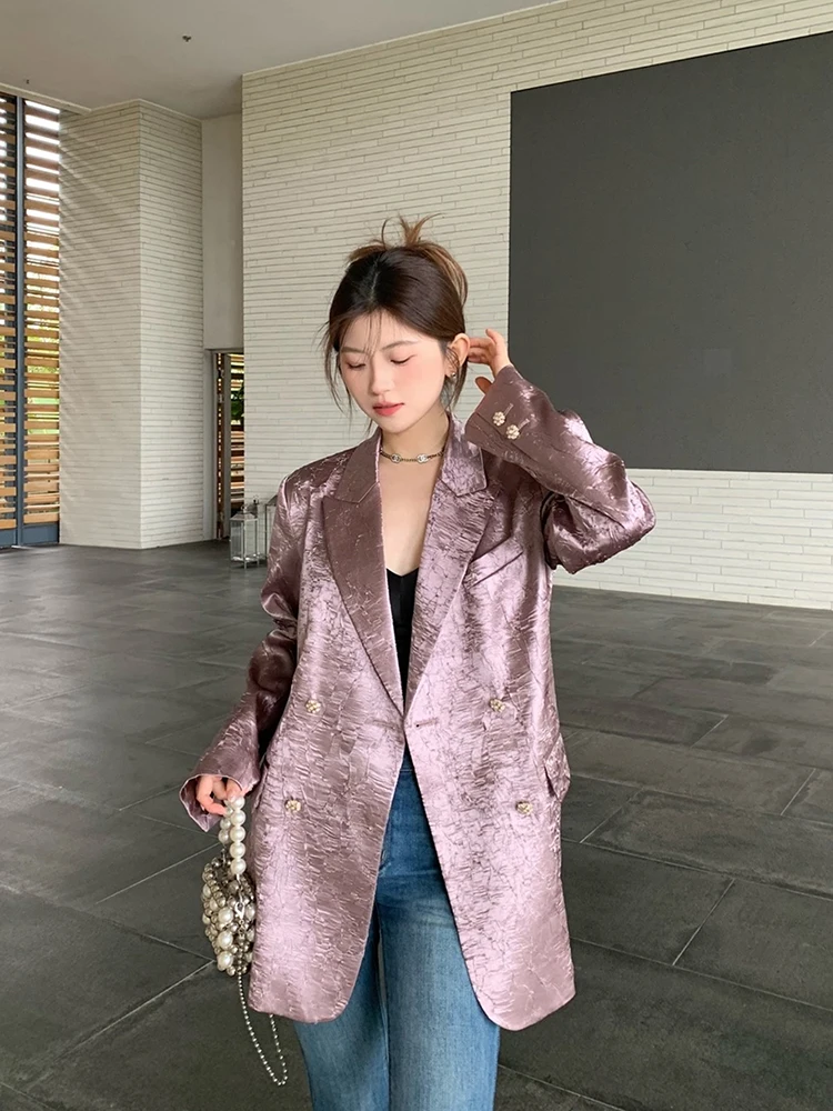 Textural sense Design Satin Jacket Stylish Purple Loose Casual Suit Acetate Luxury Blazer for Women korean reviews many clothes