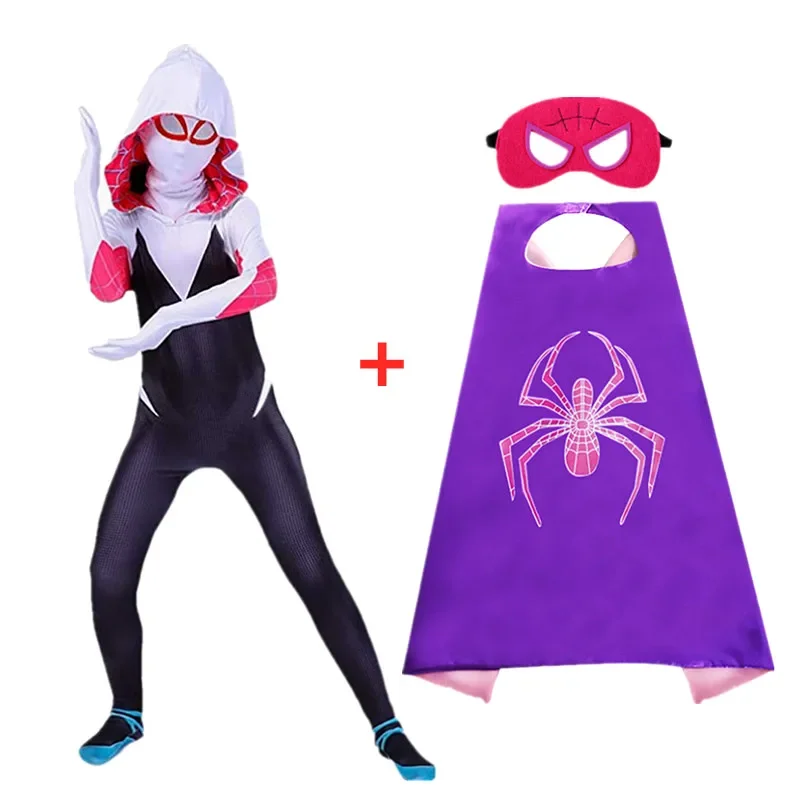 Girls Gwen Superhero Bodysuit Halloween Cosplay Masks Jumpsuit Kids Purple Cape Dress Up Kids Masks Dress Up Gift