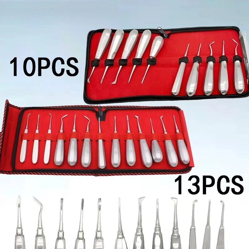 Dental Extraction Kit 10/13Pcs Stainless Steel Curved Root Forceps Plier Hexagon Handle Dental Elevator Surgical Instruments Set
