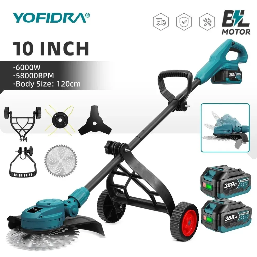 Image of YOFIDRA 10 Zoll 6000 W Bürstenlosen Elektrischen Rasenmäher 58000 RPM Garten Faltbare Gras Trimmer Garten Werkzeug Für Makita 18 V Batterie Pin