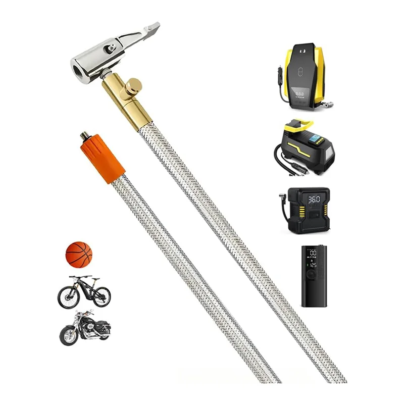 AA01-Extended Portable Air Compressor Tire Inflator Replacement Hose With Stainless Steel Mesh For Protection, Air Pump Tube, Du